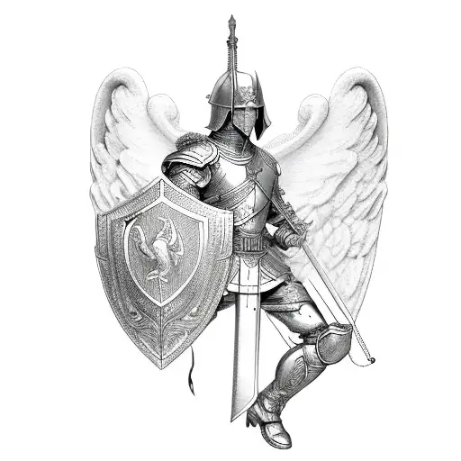 male guardian angel with a sword and shield tattoo design idea