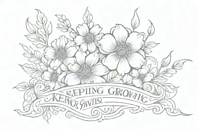 flower with phrase "keeping growing" text in script tattoo design idea