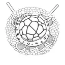 A minimalist tattoo of a soccer ball with a coffee cup and a book on either side tattoo design idea