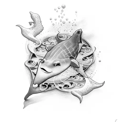 A tattoo showcasing a serene underwater scene with a stingray and various marine life in a dotwork style tattoo design idea