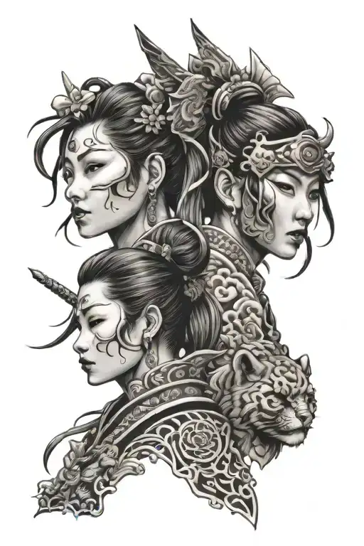 3 female warrior faces sleeve design tattoo design idea