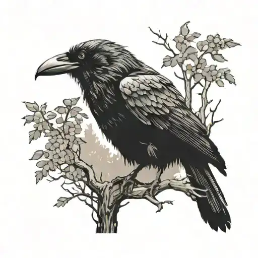 black raven on a branch in the background, a Slavic symbol tattoo design idea