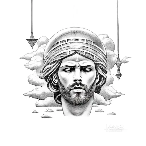 Head of Greek God with clouds and lightening in the background tattoo design idea