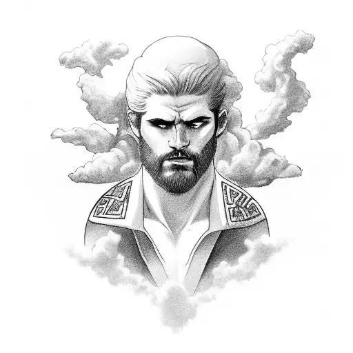Head of Greek God with clouds and lightening in the background tattoo design idea