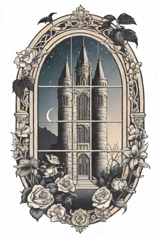 floral design surrounding a castle window with night sky and castle in background  tattoo design idea