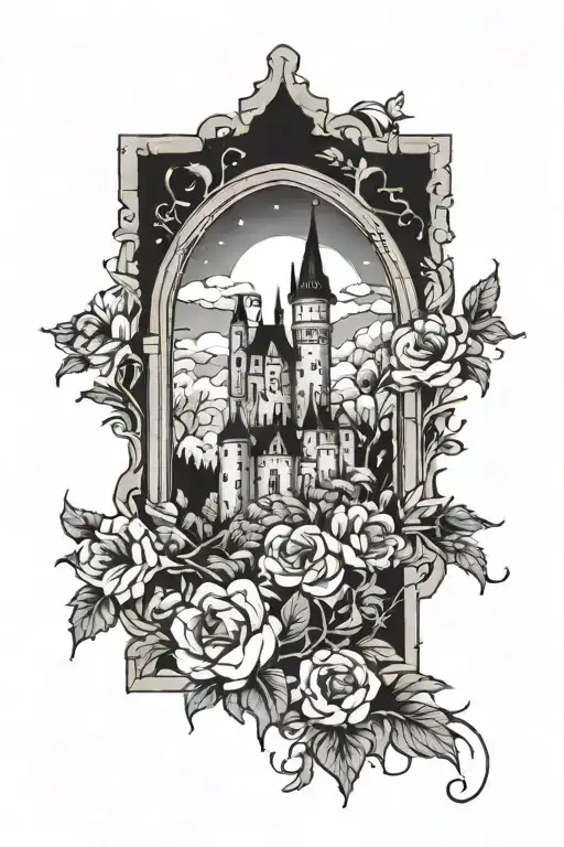 floral design surrounding a castle window with night sky and castle in background  tattoo design idea