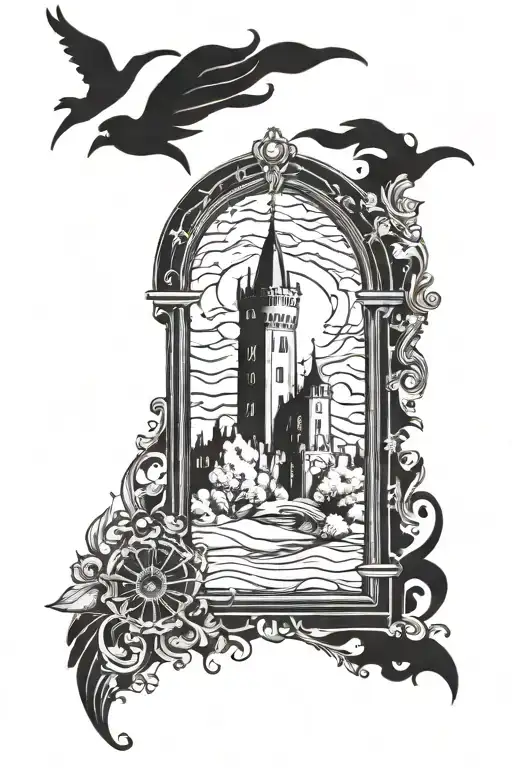 ornamental surrounding castle window with night sky tattoo design idea
