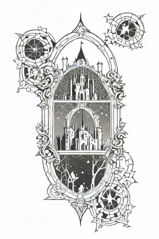 ornamental design surrounding a castle window with night sky and castle in background  tattoo design idea