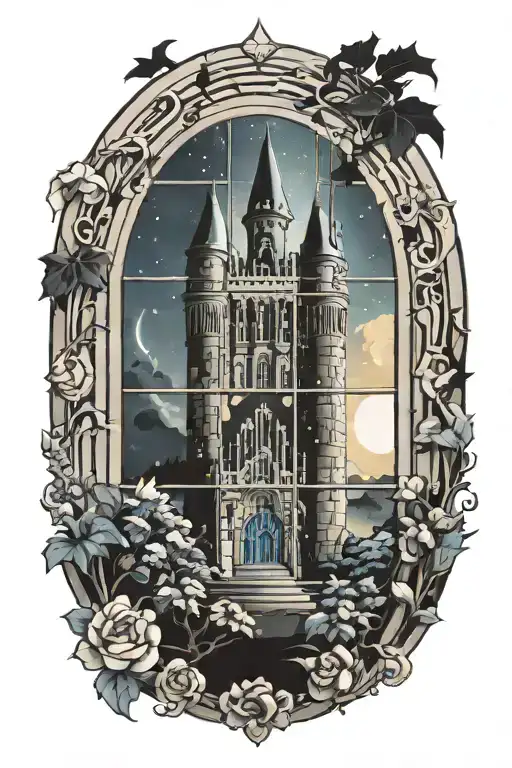 ornamental design surrounding a castle window with night sky and castle in background  tattoo design idea