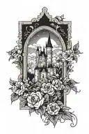 floral design surrounding a castle window with night sky and castle in background  tattoo design idea