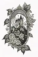 floral design surrounding a castle window with night sky and castle in background  tattoo design idea