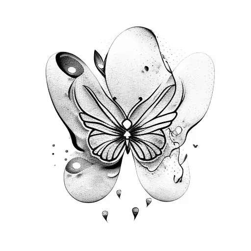A delicate butterfly shedding tears of blood surrounded by vibrant flowers tattoo design idea