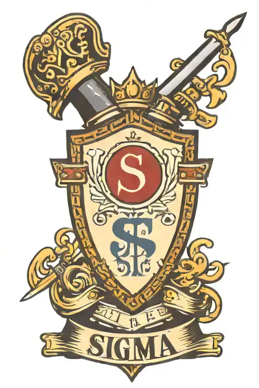 uppercase sigma letter on a shield, book, sword, chess queen tattoo design idea