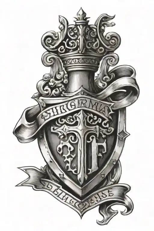 uppercase sigma letter on a shield, book, sword, chess queen tattoo design idea