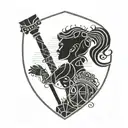 chess queen, shield, sword, E letter tattoo design idea