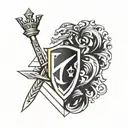 chess queen, shield, sword, E letter tattoo design idea