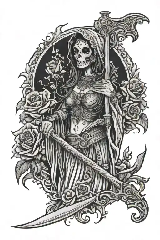 Female Santa Muerte tattoo feat. the saint wearing a long robe, holding a scythe and scales, and a crown with flowers tattoo design idea