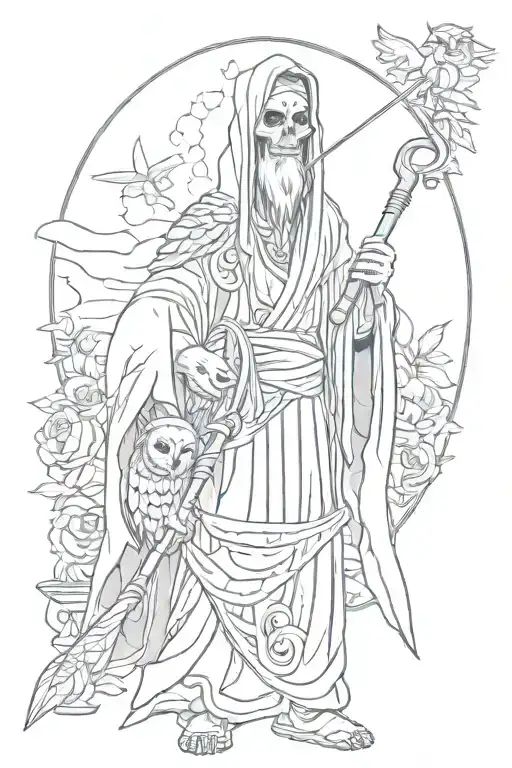 Santa Muerte tattoo features wearing a long robe, holding a scythe and scales, and an owl on the shoulder tattoo design idea