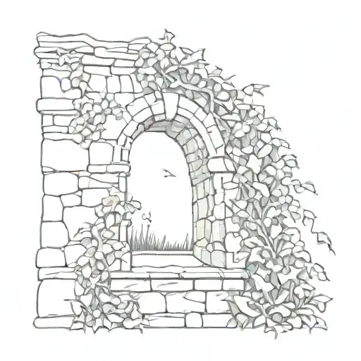 stone wall wrapped in vines sunset sky tattoo design idea