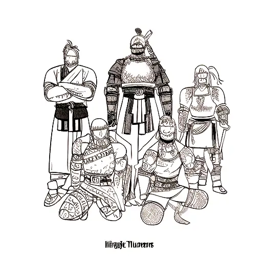 full arm sleeve 4 warriors, one samurai, one Viking, one Templar knight, and one spartan tattoo design idea
