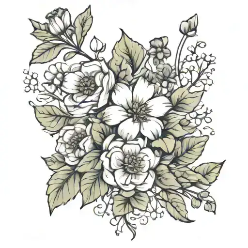 I want birth flowers from June August November and October in a very mini bouquet in line art tattoo tattoo design idea