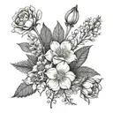 I want birth flowers from June August November and October in a very mini bouquet in line art tattoo tattoo design idea
