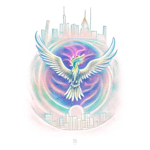 Phoenix over city skyline tattoo design idea