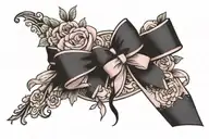 Thigh garter tattoo with pink bow and flowers tattoo design idea