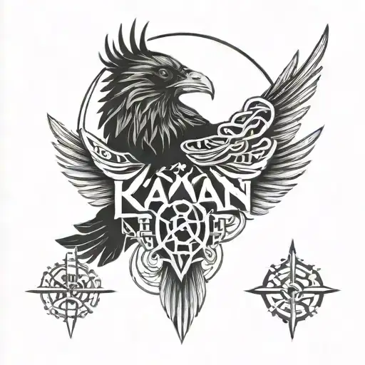 Raven with spread wings, runes and Nordic knots tattoo design idea