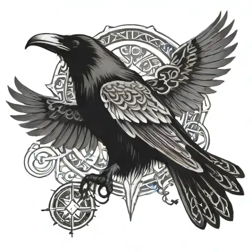 Raven with spread wings, runes and Nordic knots tattoo design idea