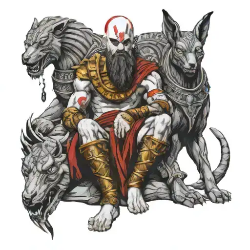 Kratos with Ra and Anubis egypcian god tattoo design idea