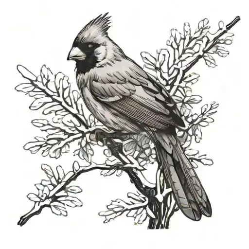 male Cardinal on snowy branches facing backwards tattoo design idea