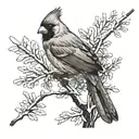 male Cardinal on snowy branches facing backwards tattoo design idea