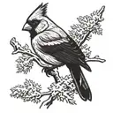 male Cardinal on snowy branches facing backwards tattoo design idea