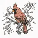 male Cardinal on snowy branches facing backwards tattoo design idea