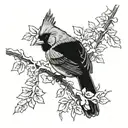 male Cardinal on snowy branches facing backwards tattoo design idea