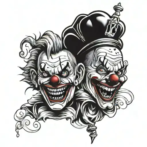 lauging clowns and cry later mask tattoo design idea