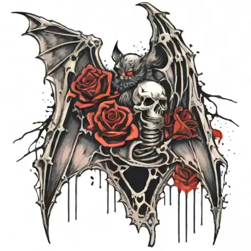 bat w exposed skeleton and heart inside, a large rose behind it blending with the wings. Black and gray, detailed shadin tattoo design idea