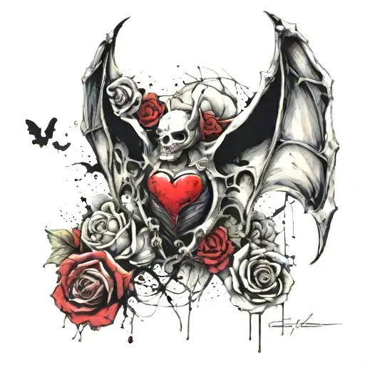 bat w exposed skeleton and heart inside, a large rose behind it blending with the wings. Black and gray, detailed shadin tattoo design idea
