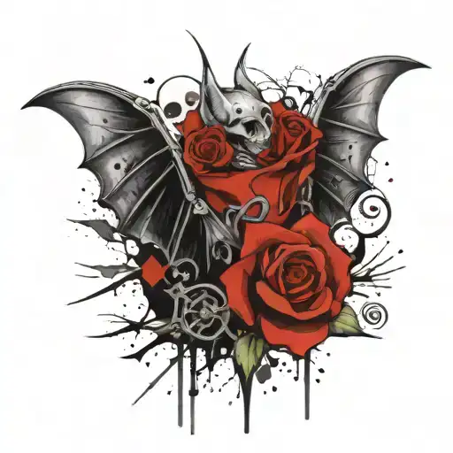 bat w exposed skeleton and heart inside, a large rose behind it blending with the wings. Black and gray, detailed shadin tattoo design idea