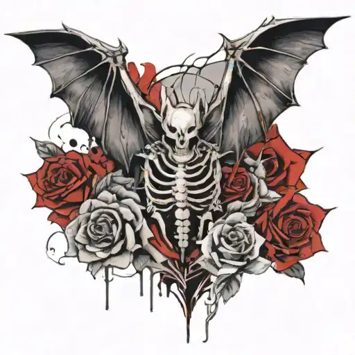 bat w exposed skeleton and heart inside, a large rose behind it blending with the wings. Black and gray, detailed shadin tattoo design idea
