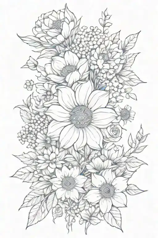 Big flower heads surrounded by wildflowers and dainty leaves tattoo design idea