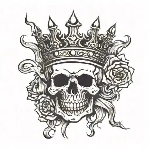 Skull with a crown between smoke forming the shape tattoo design idea