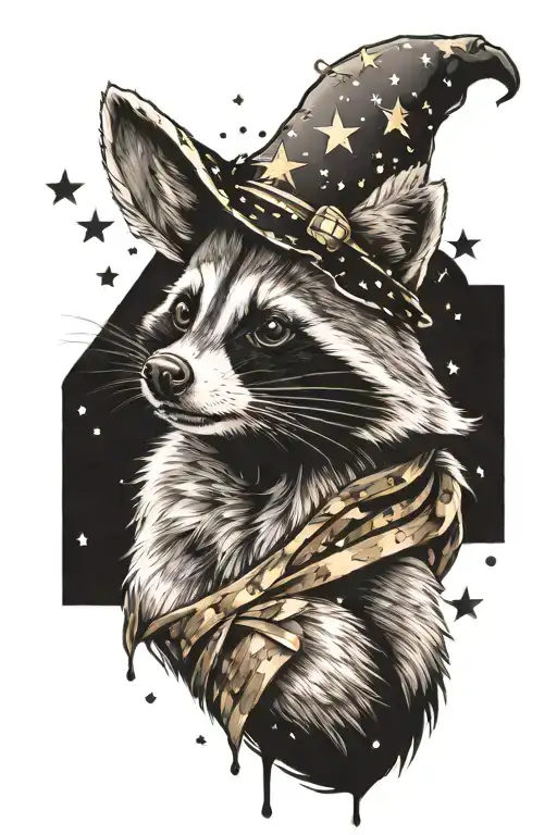 racoon with wizard hat made of stars tattoo design idea