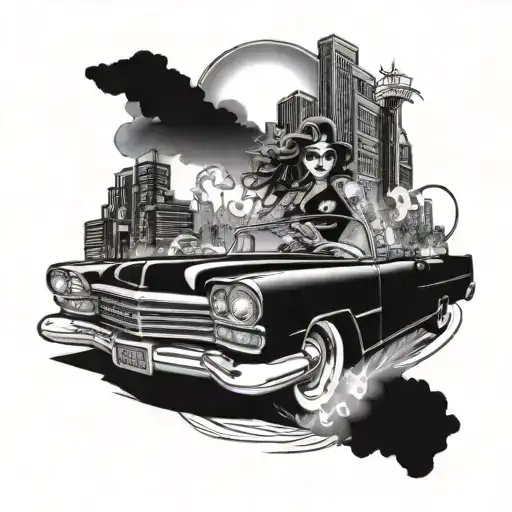 A dynamic blackwork tattoo of a lowrider cruising through a chicano art inspired cityscape, with a woman in the driver's seat tattoo design idea