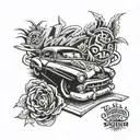 A Chicano art-inspired sleeve tattoo featuring elements of a 1950 Chevy Bel Air and graffiti lettering tattoo design idea