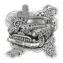 A Chicano art-inspired sleeve tattoo featuring elements of a 1950 Chevy Bel Air and graffiti lettering tattoo design idea