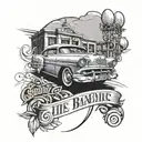 A Chicano art-inspired sleeve tattoo featuring elements of a 1950 Chevy Bel Air and graffiti lettering tattoo design idea