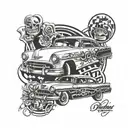 A Chicano art-inspired sleeve tattoo featuring elements of a 1950 Chevy Bel Air and graffiti lettering tattoo design idea