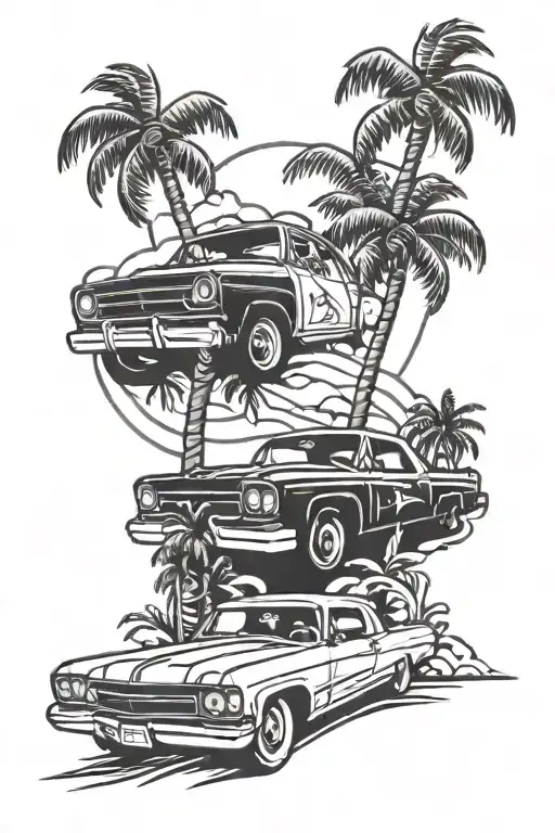 palm tree and low rider car driving tattoo design idea